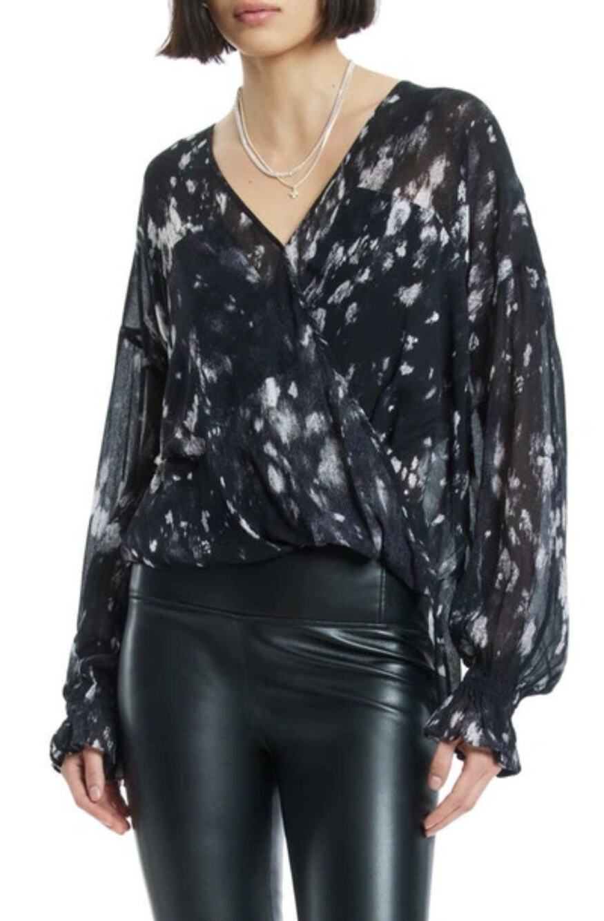 NEW All Saints Penny Ronnie Faux Wrap Sheer Top Blouse Black Size 6 Whimsygoth
